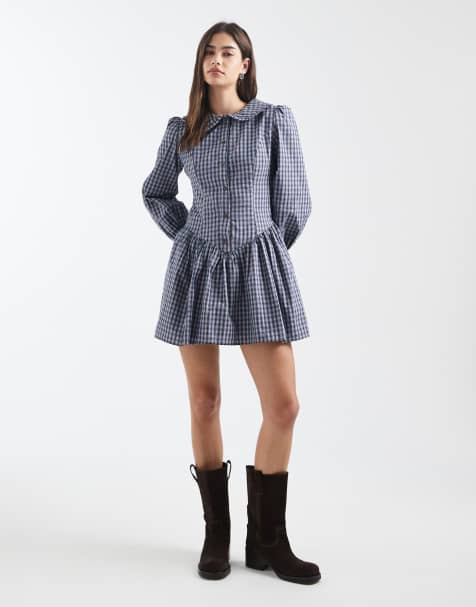Daisy Street - Aansluitende geruite mini jurk met verlaagde taille en opvallende kraag in blauw - view 1
