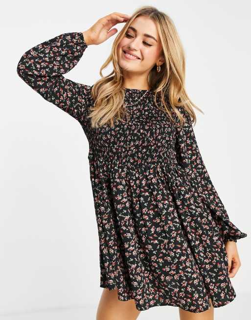 Daisy Street - Aansluitende mini-jurk met lange mouwen en fijne zwarte bloemenprint