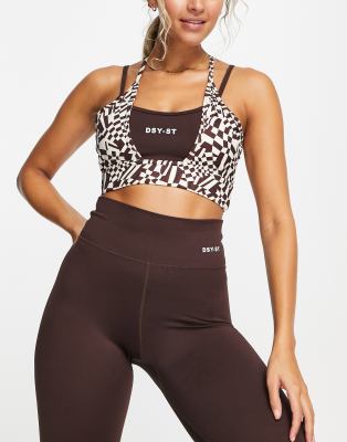 Daisy Street Active - Distorted Geo - Bustier in Braun mit Schachbrettmuster und überkreuzten Trägern