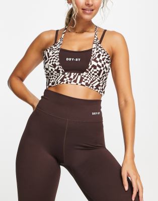 Daisy Street Active Distorted Geo Cross Strap Bralette In Brown Checkerboard  | ModeSens
