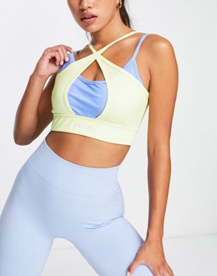 Daisy Street Active double layer light support sports bra in yellow and blue