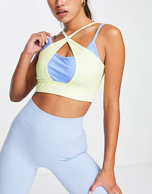 Daisy Street Active double layer light support sports bra in yellow and blue 