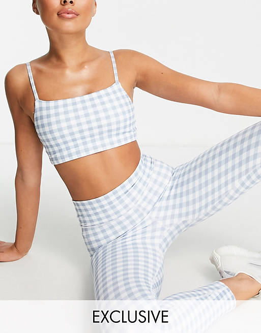Daisy Street Active gingham strappy light support sports bra in blue - exclusive to ASOS