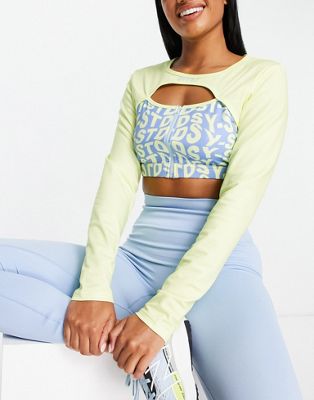 Daisy Street Active keyhole long sleeve crop top in blue and yellow