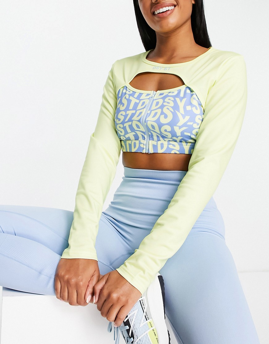 Daisy Street Active keyhole long sleeve crop top in blue and yellow-Multi