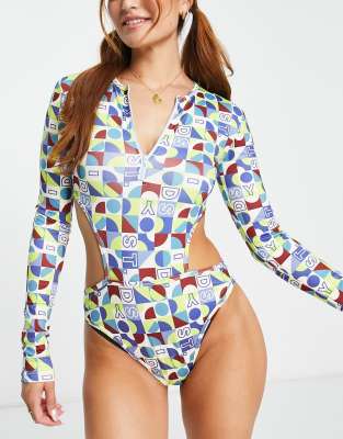 Daisy Street - Active - Mehrfarbiger Body mit kurzem Reißverschluss und Formen-Print-Bunt