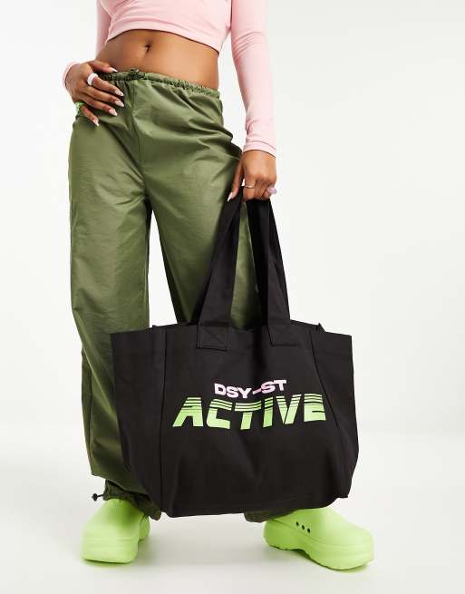 Daisy Street Active Neon shopper tote bag in black