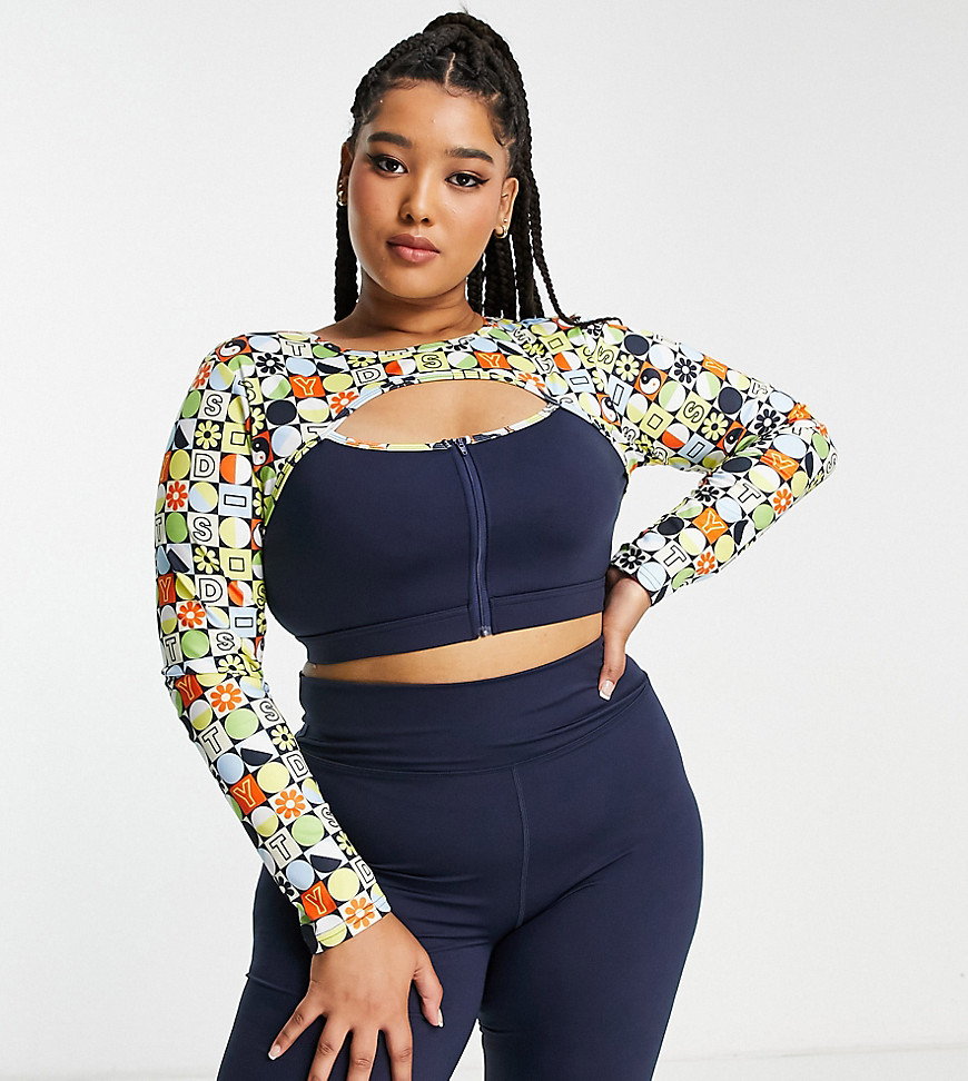 Daisy Street Active Plus cut out long sleeve top in black and multi
