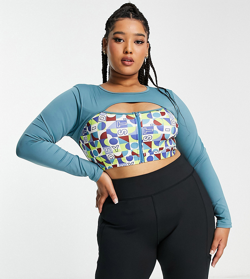 Daisy Street Active Plus cut-out long sleeve top in blue and multi