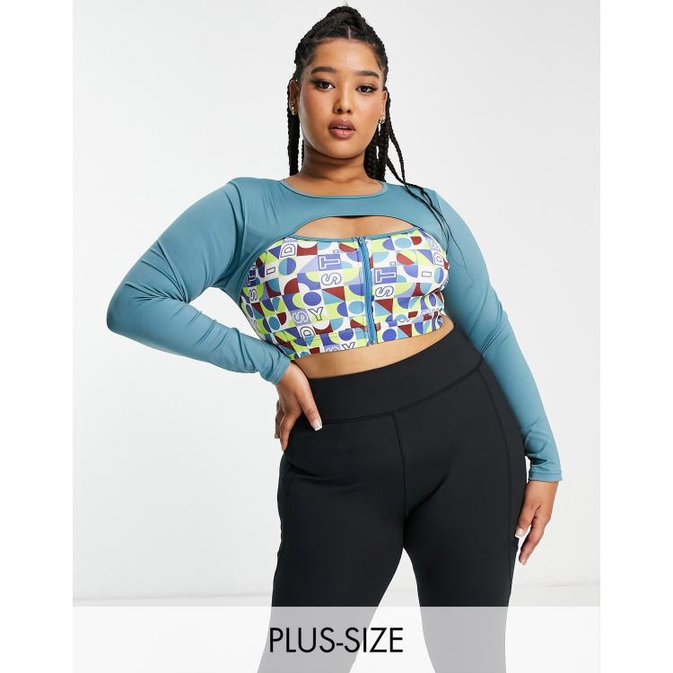 Daisy Street Active Plus cut-out long sleeve top in blue and multi