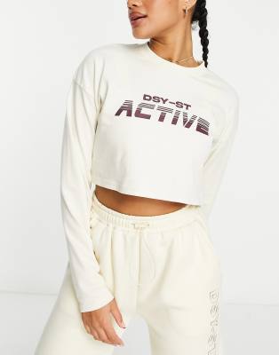 Daisy Street Active Swirly long sleeve crop top in neutral