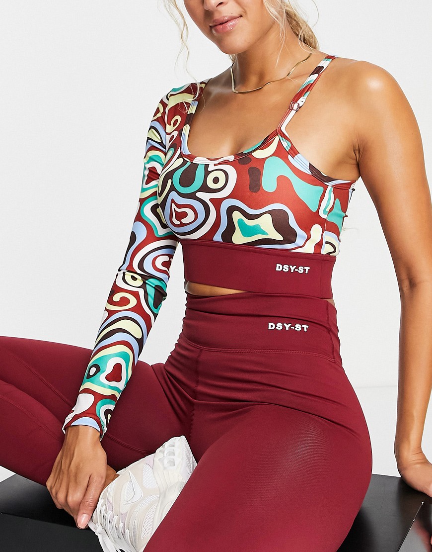 Daisy Street Active Swirly print one sleeve crop top in red