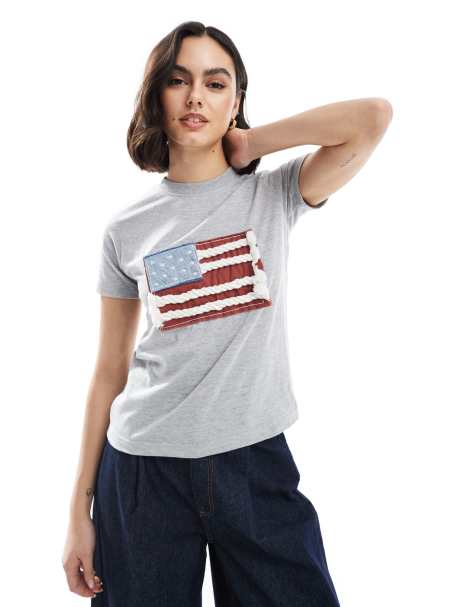 Daisy Street applique flag t-shirt in heather gray - view 1