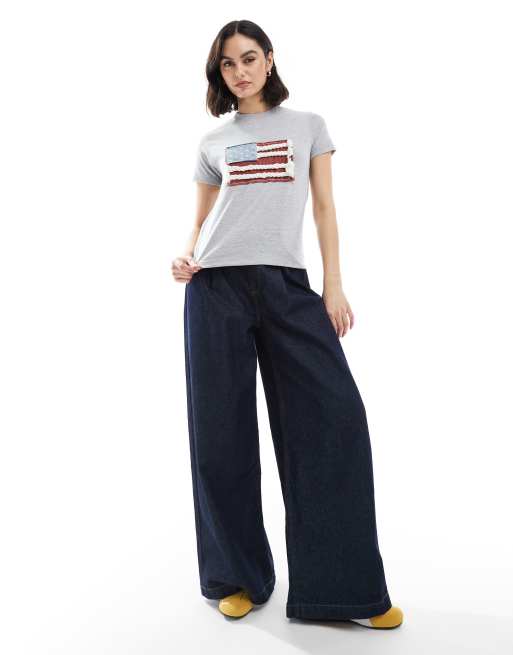 Daisy Street applique flag t-shirt in heather gray, 2 of 4