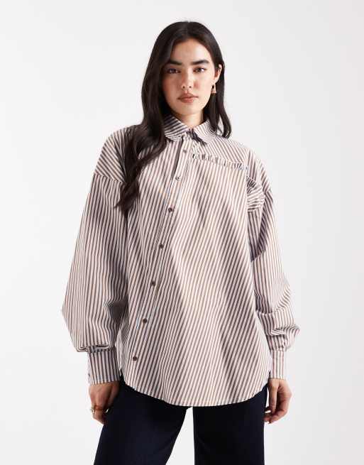 Daisy Street asymetric oversized dad shirt in pink brown stripe