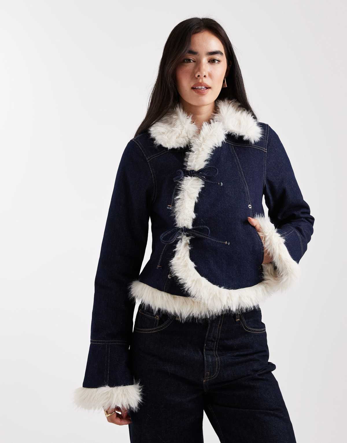 Daisy Street asymmetric denim jacket with fur trims and tie detail fastening in indigo cream