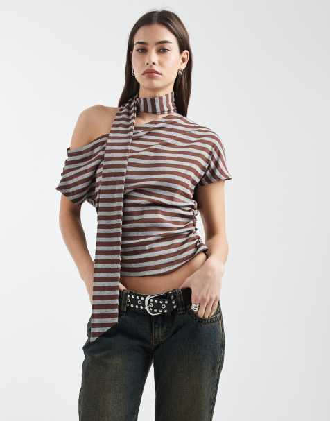 Daisy Street asymmetric gathered top with matching scarf in burgundy grey stripe - view 1