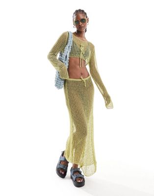 Daisy Street asymmetric hem maxi skirt in open knit olive crochet co-ord