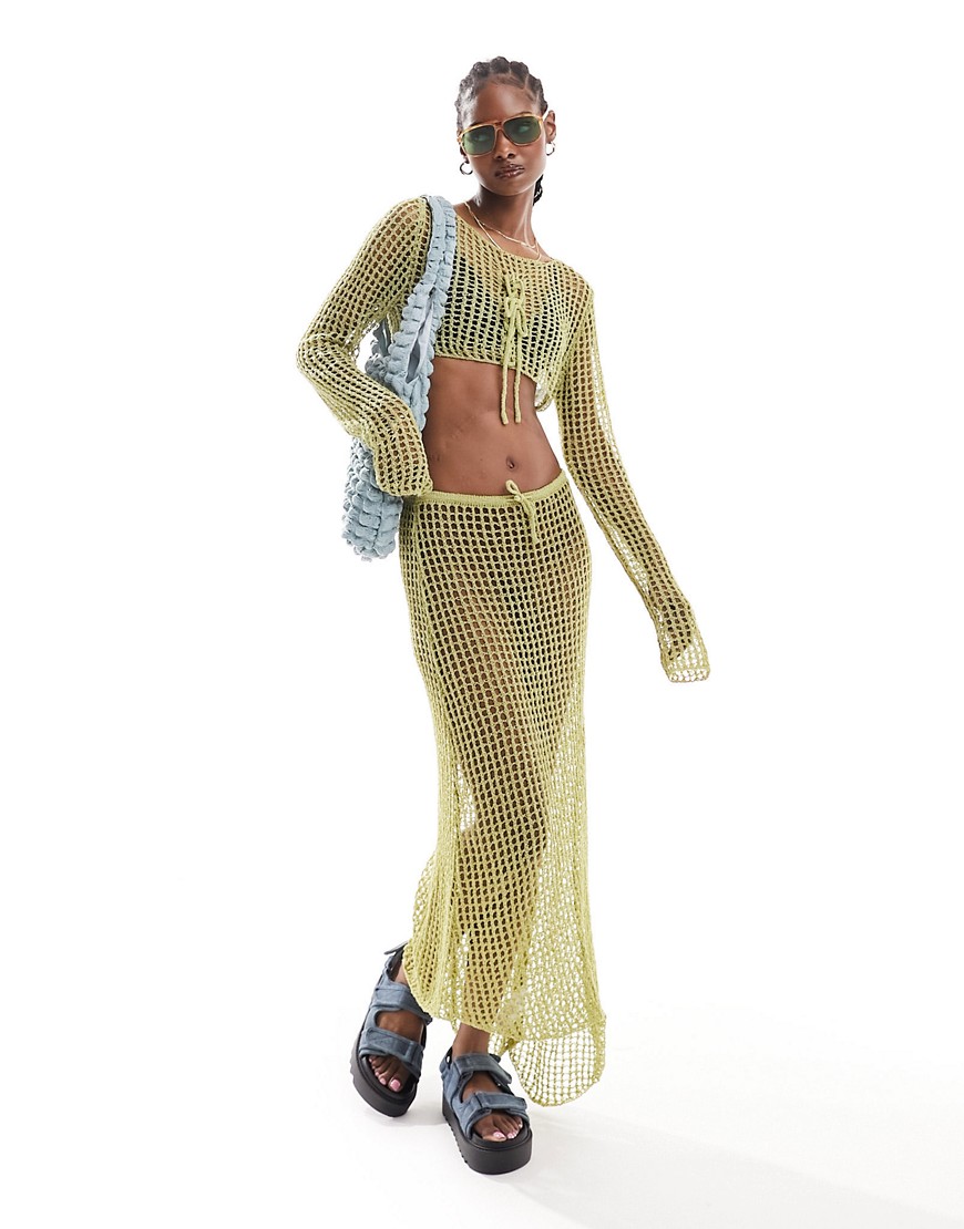 Daisy Street asymmetric hem maxi skirt in open knit olive crochet co-ord-Green