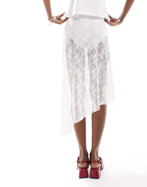 Daisy Street asymmetric hem midi skirt in white lace, 5 of 5
