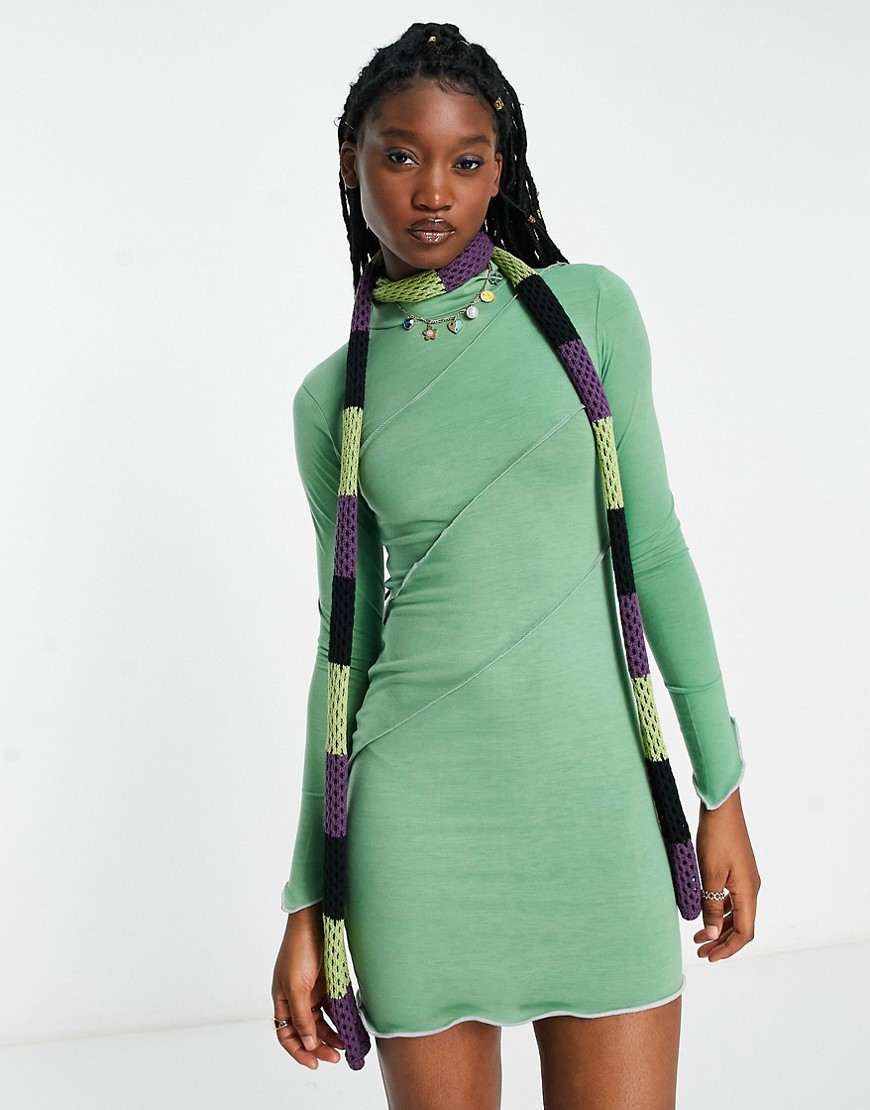 Daisy Street asymmetric hem mini dress with contrast stitch-Green