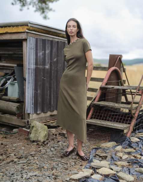 Daisy Street asymmetric midi dress with button detail in khaki