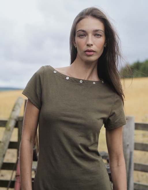 Daisy Street asymmetric midi dress with button detail in khaki, 2 of 4
