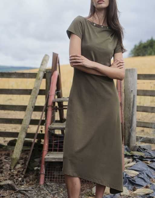 Daisy Street asymmetric midi dress with button detail in khaki, 3 of 4