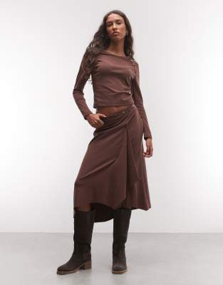 Daisy Street Asymmetric Midi Skirt In Brown