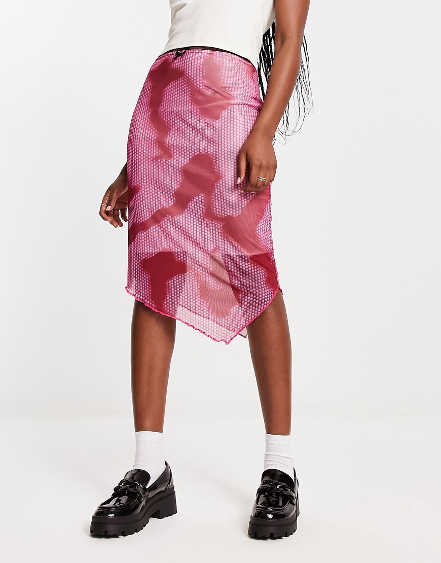 Daisy Street asymmetric midi skirt in pink print-Multi