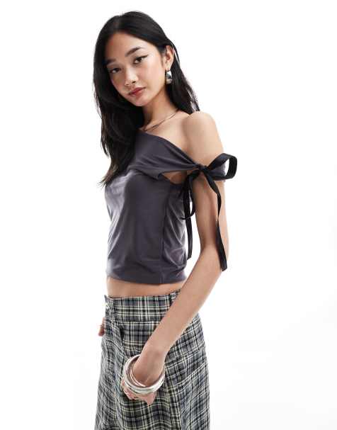 Daisy Street asymmetric one shoulder slinky tank top in charcoal - view 1