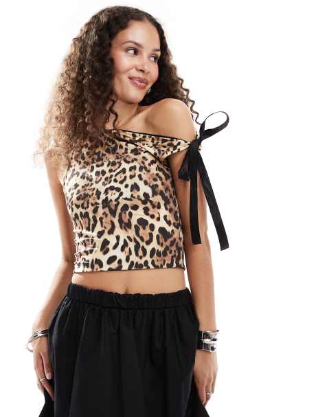 Daisy Street asymmetric one shoulder slinky tank top in leopard print - view 1