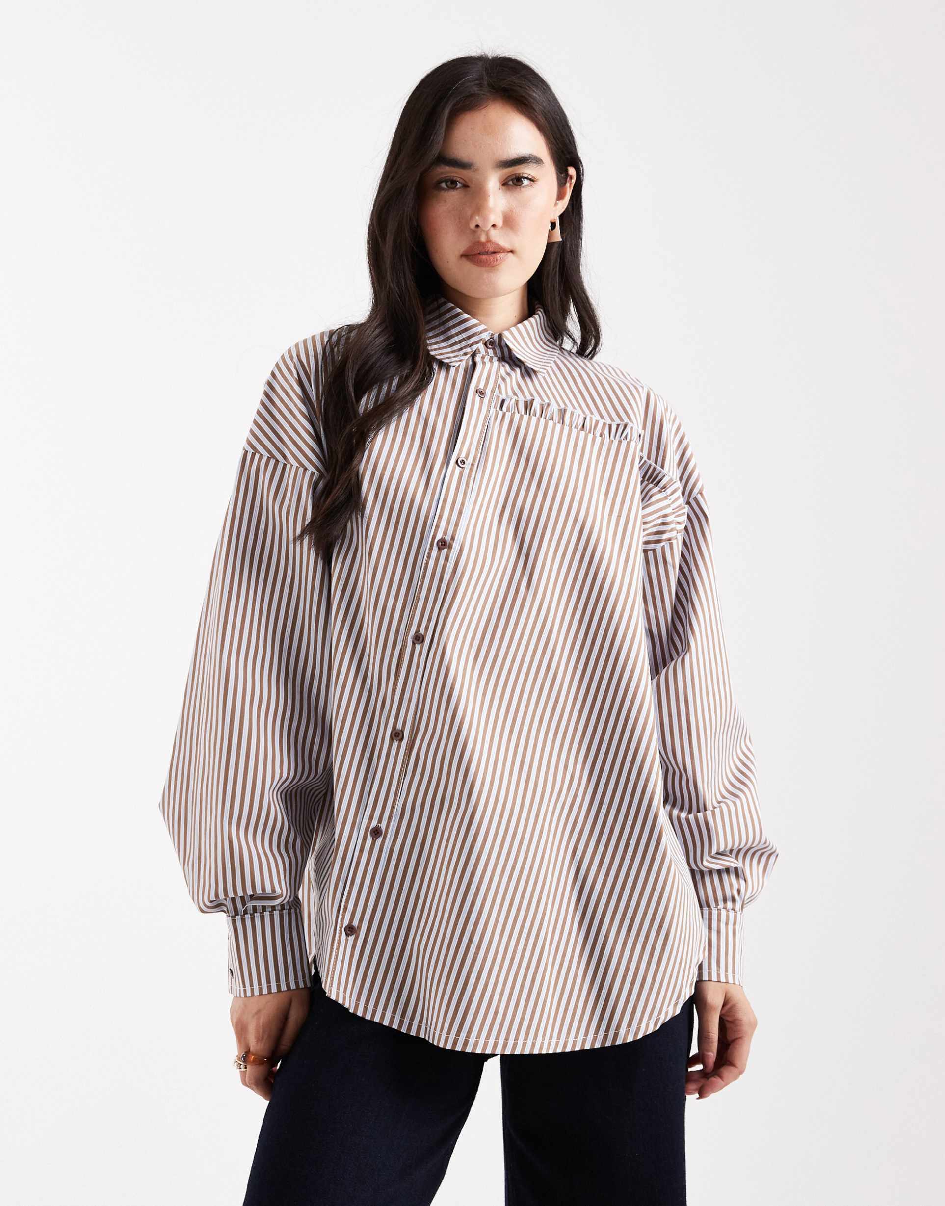 daisy street asymmetric oversized dad shirt in pink brown stripe