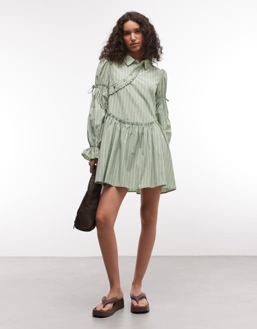 Daisy Street asymmetric placket shirt dress in green stripe, 3 of 4