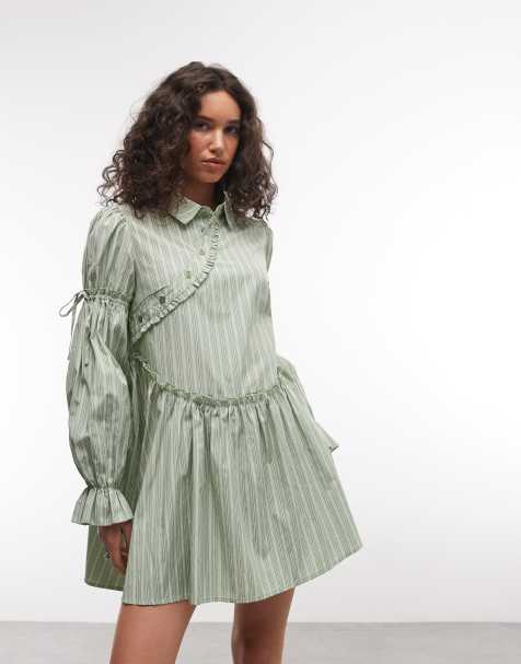 Daisy Street asymmetric placket shirt dress in green stripes - view 1