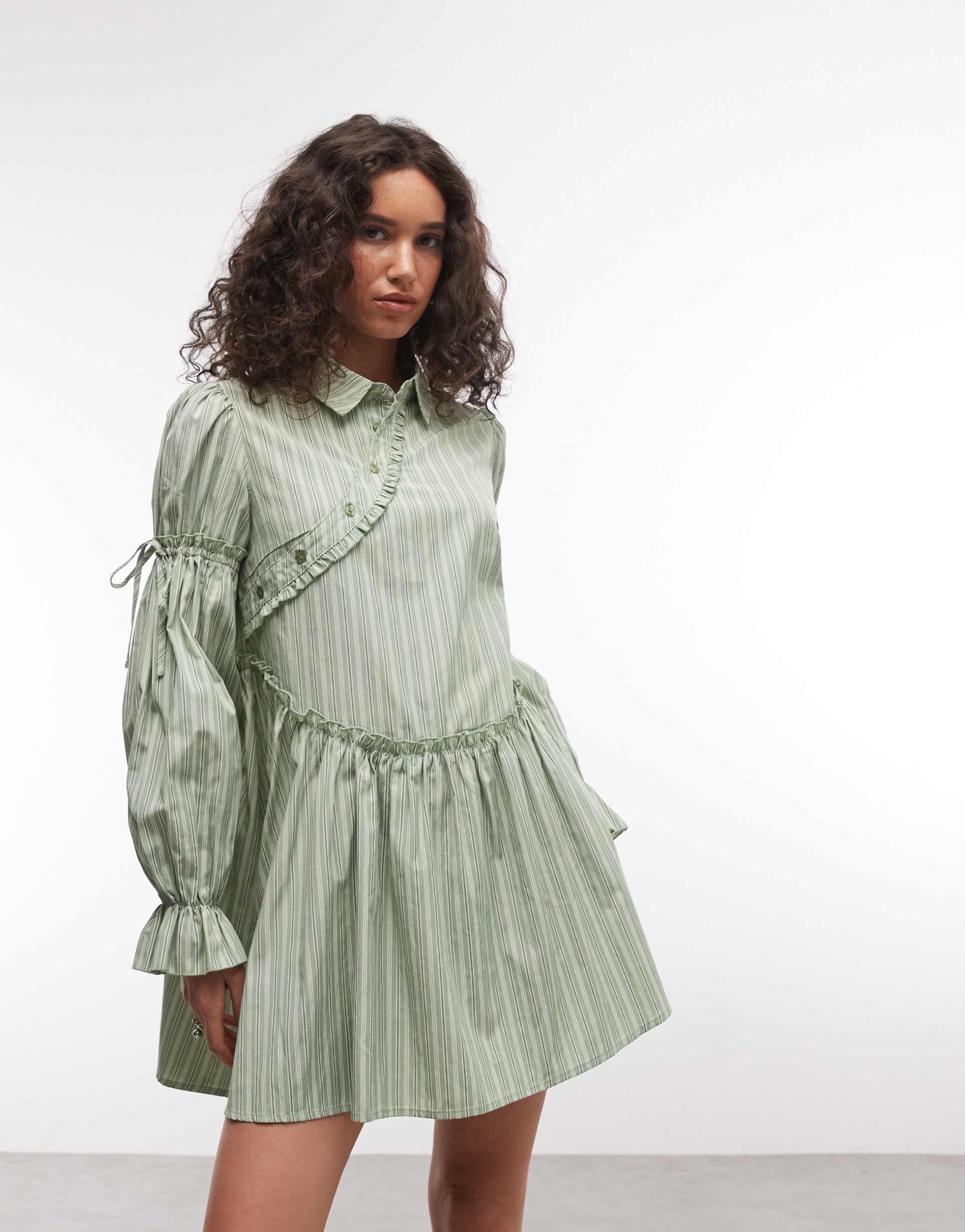 daisy street asymmetric placket shirt dress in green stripes
