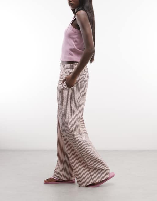 Daisy Street asymmetric placket wide leg trousers in pink brown stripe, 2 of 5