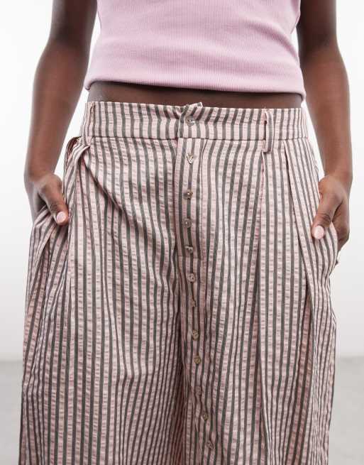 Daisy Street asymmetric placket wide leg trousers in pink brown stripe, 4 of 5