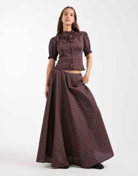 Daisy Street asymmetric tiered maxi skirt in burgundy check co-ord - view 1