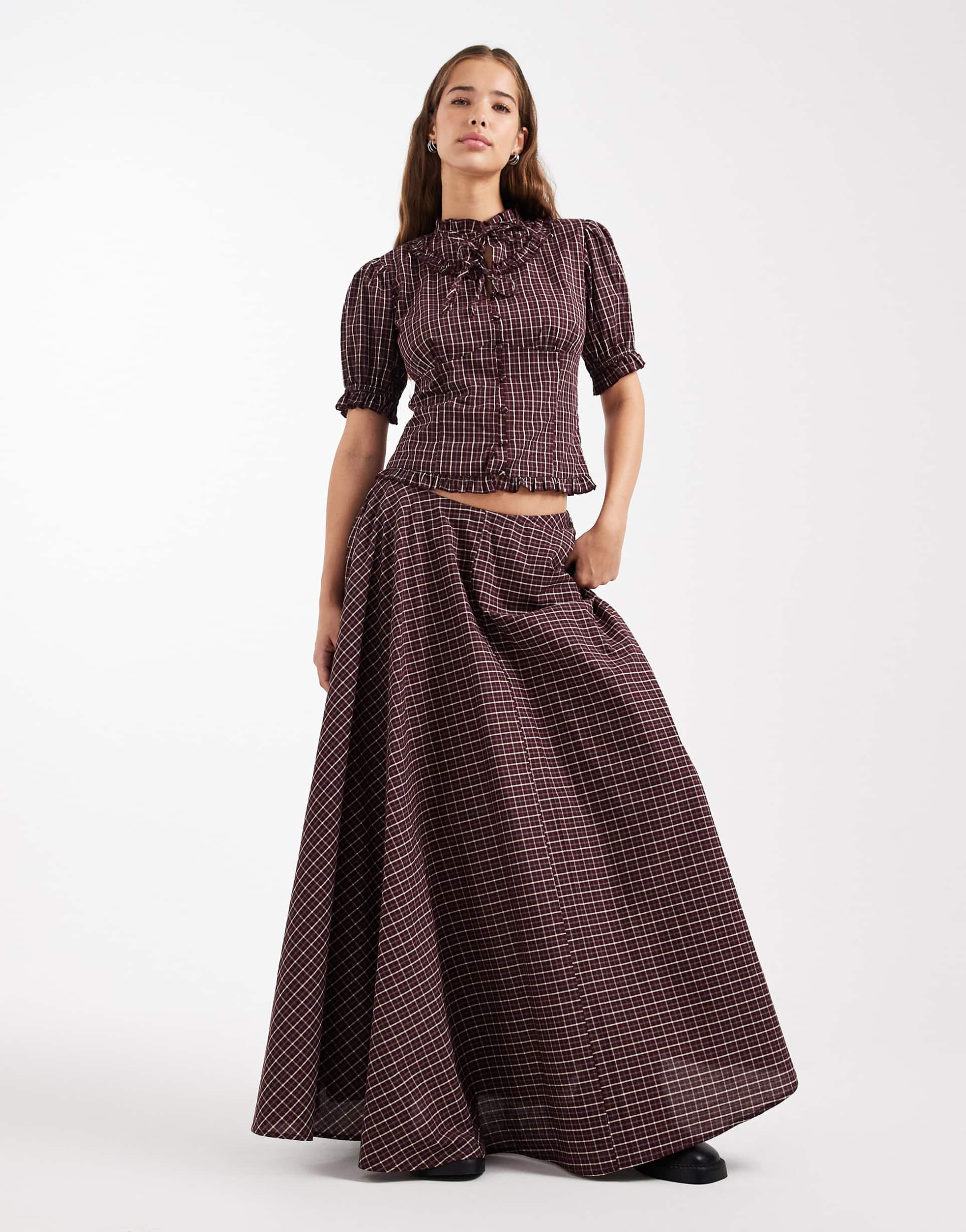 daisy street asymmetric tiered maxi skirt in burgundy check - part of a set