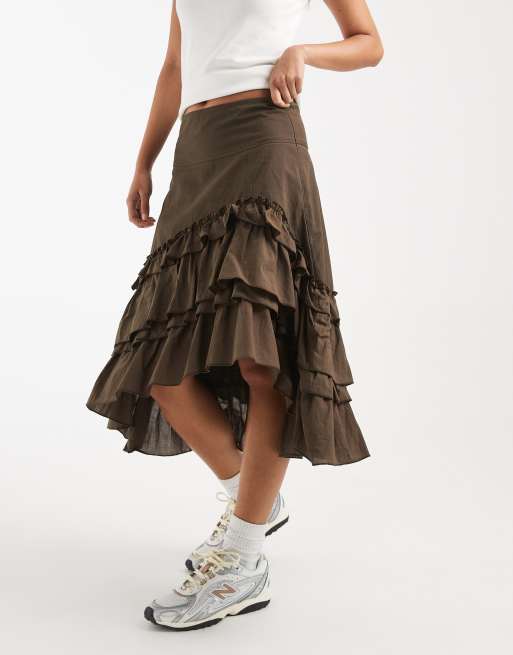 Daisy Street - Asymmetrische midirok met ruches in bruin, 4 van 5