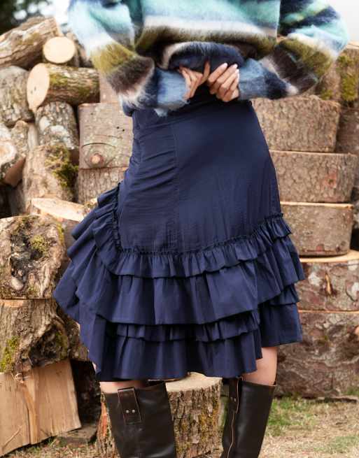 Daisy Street asymmetrische rok met ruche in navy midi, 4 van 4