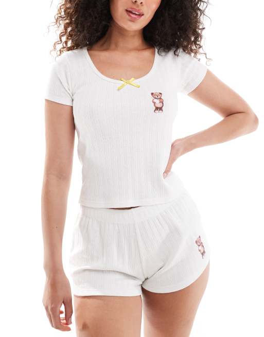Daisy Street baby tee and shorts pajama set with cute bear graphic & bow