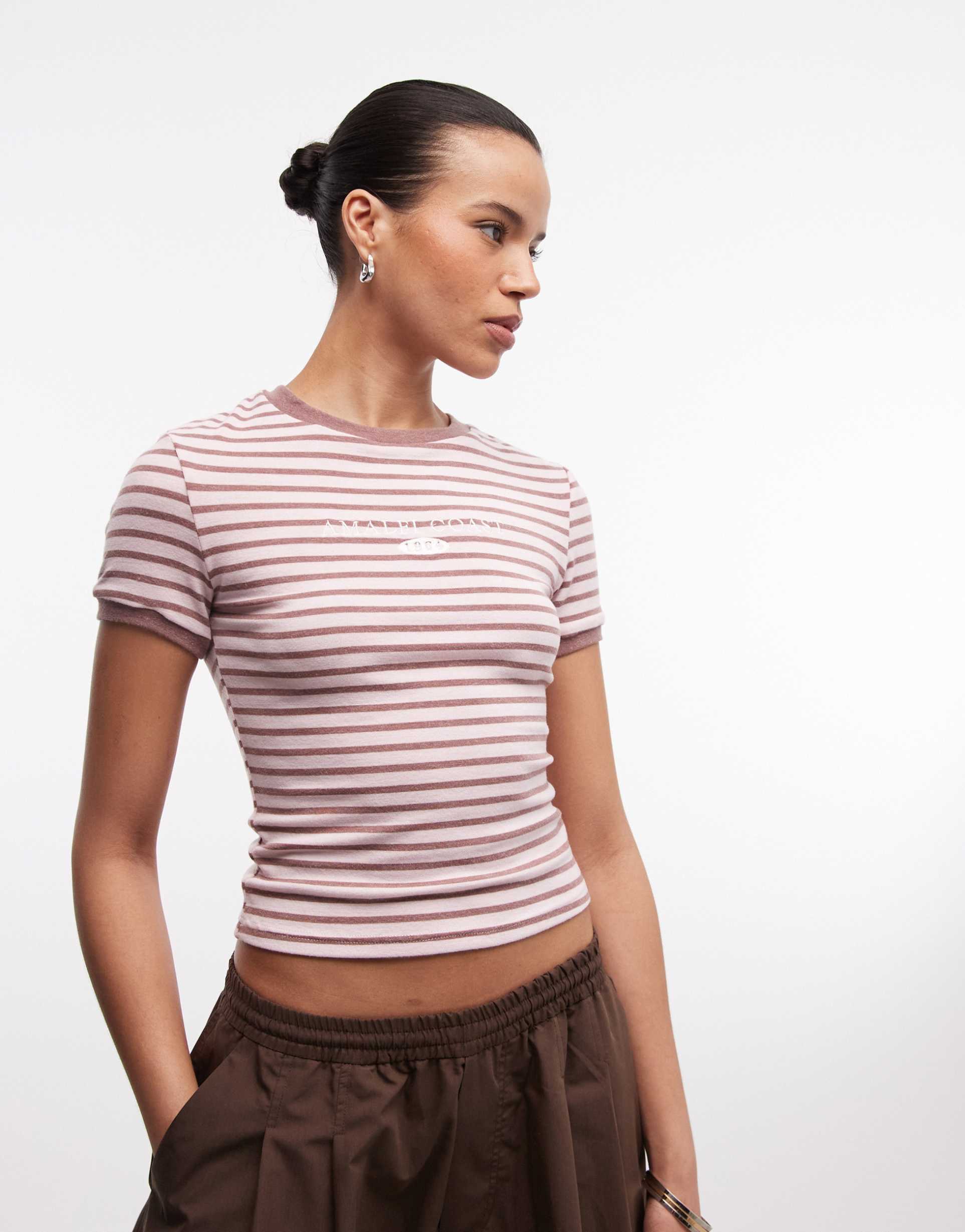 daisy street baby tee with graphic in pink and brown stripes