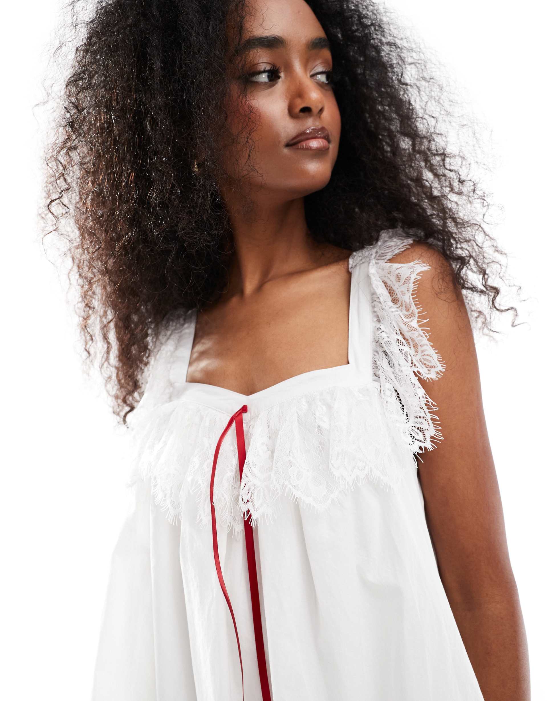 daisy street babydoll mini dress with lace straps in white and red bow