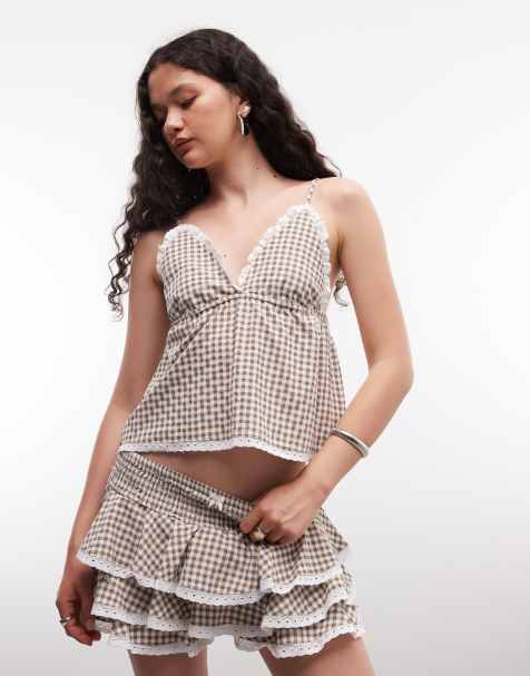 Daisy Street babydoll v neck cami top with lace detailing in brown check co-ord - view 1
