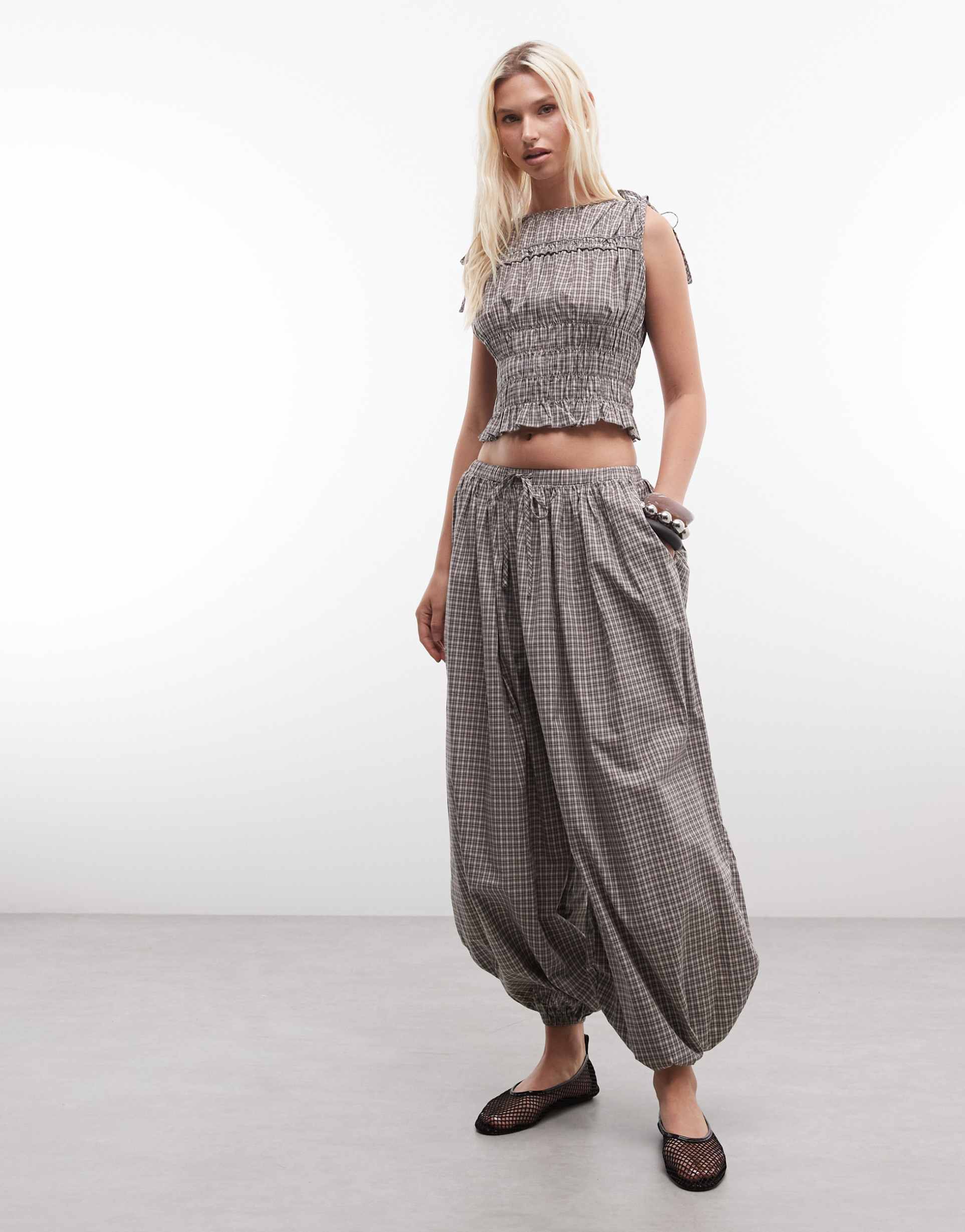 daisy street balloon fit pants in brown plaid - part of a set