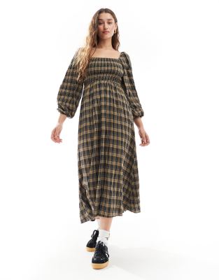 balloon sleeve maxi dress with shirred bodice in brown navy check