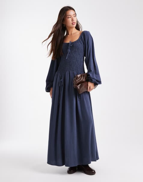Daisy Street balloon sleeve shirred waist maxi dress in navy