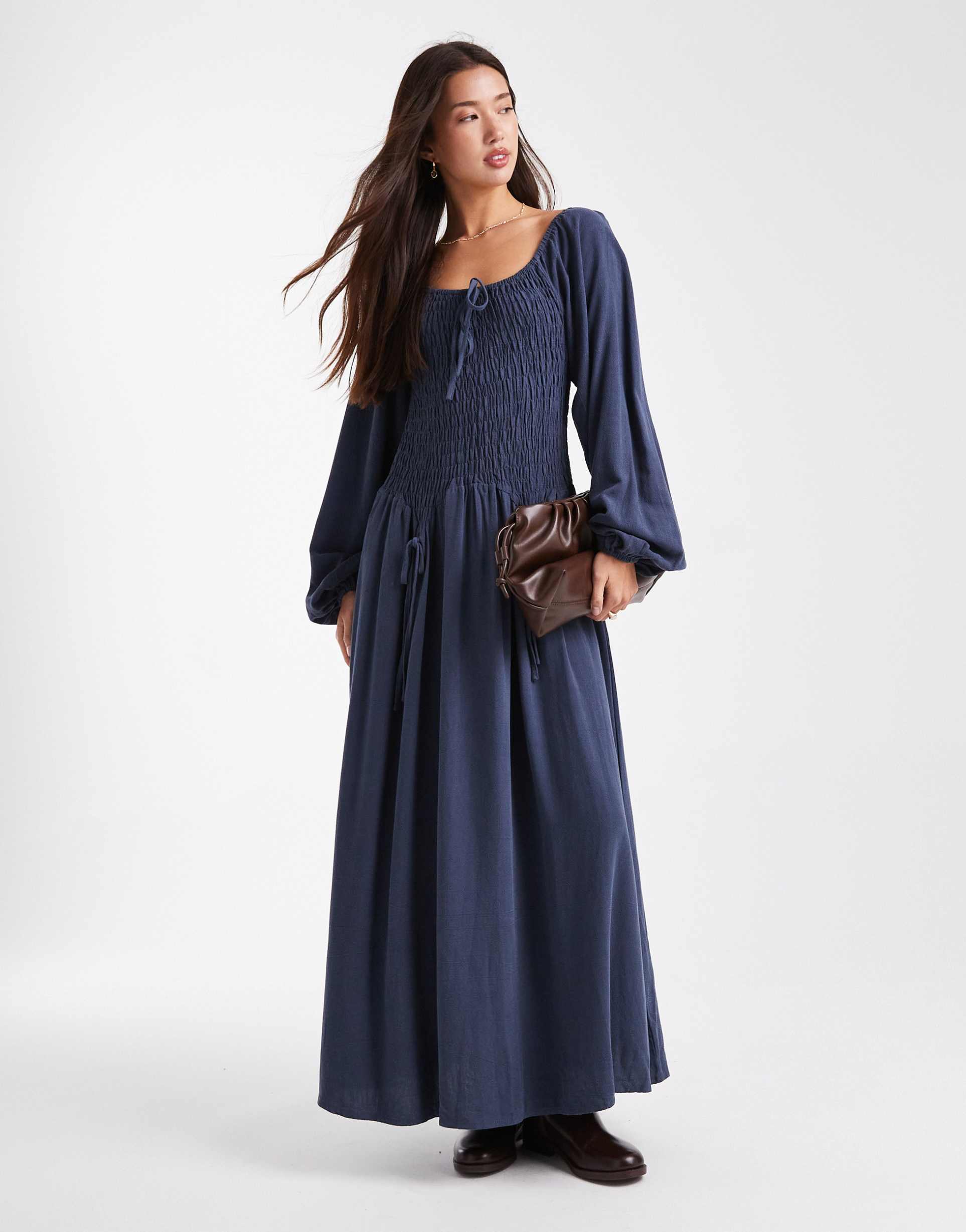 daisy street balloon sleeves shirred waist maxi dress in navy